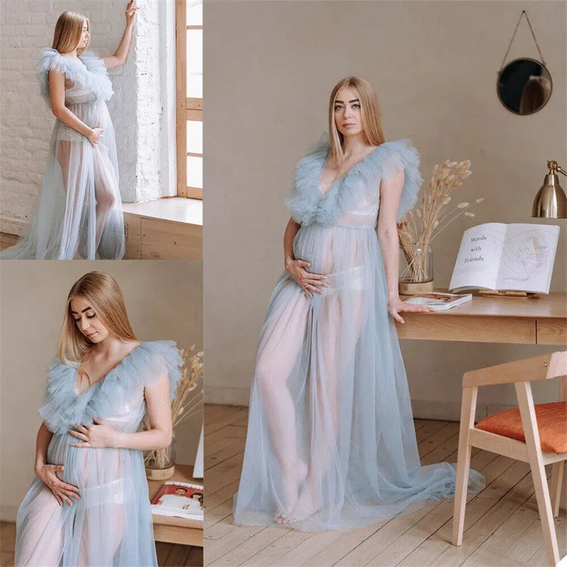 MQTIME - Maternity Photography Tulle Dress Pregnancy Soft Mesh Skirt Sexy Pajamas Perspective Clothes Studio Photo Shoot Props