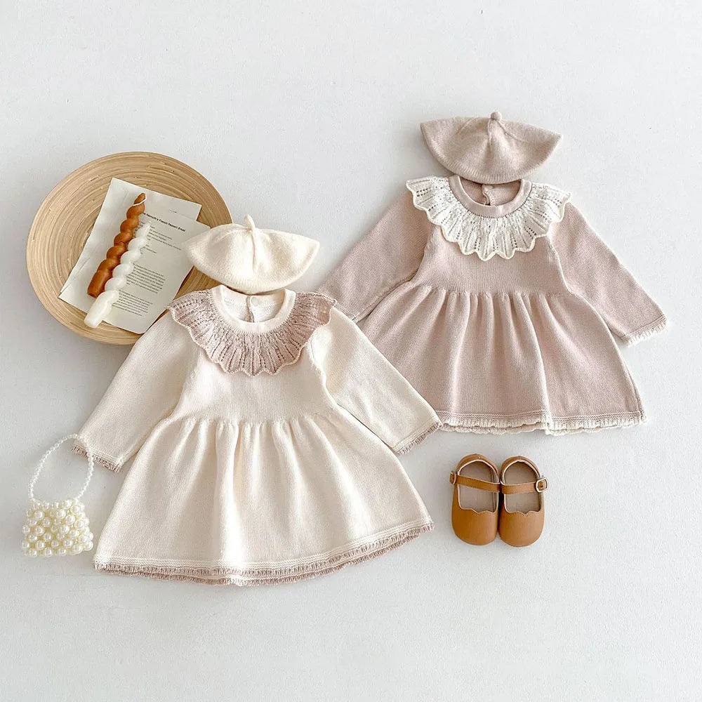 MQTIME - New 2024 Autumn Girl's Knitted Dress Children's Sweet Lotus Leaf Collar Sweater A-line Princess Dress Kid's Clothing