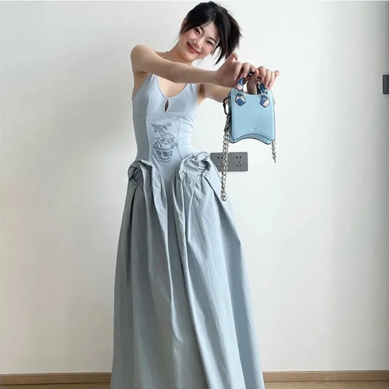 MQMITE - Knitted And Spliced Suspender Dress, Women'S Summer New Chinese Style Hollowed Out Embroidery And Splicing, Waist Closing And Ve