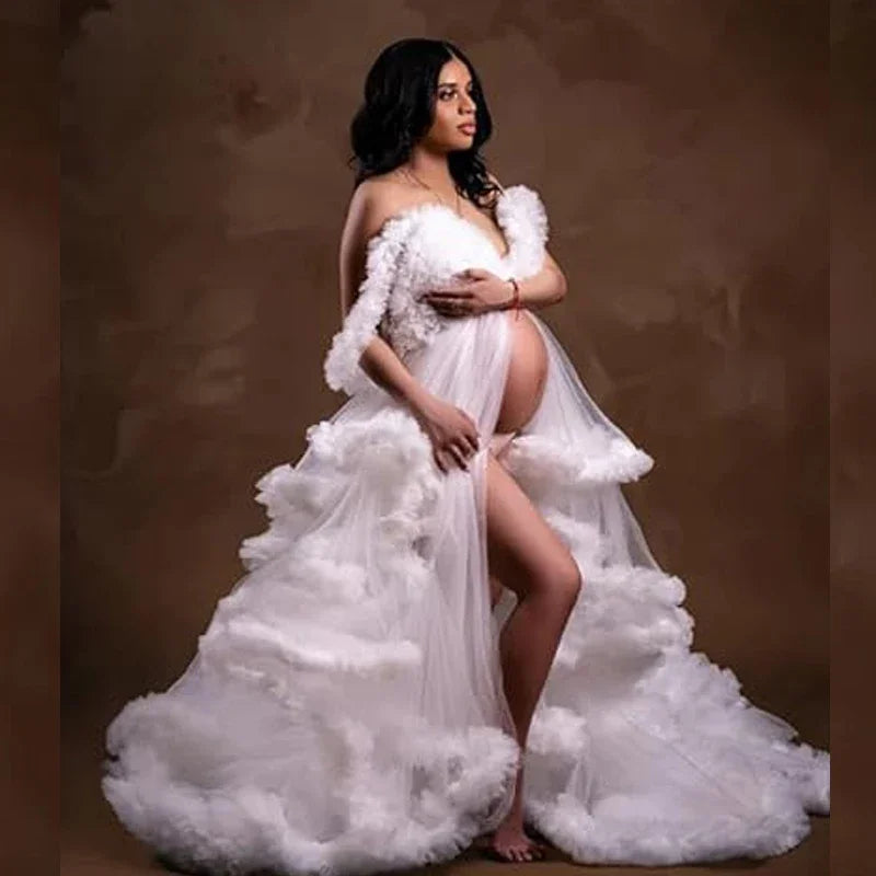 MQTIME - Maternity Photoshoot Tulle Maxi Gown Baby Shower Dress Tiered Ruffles Party