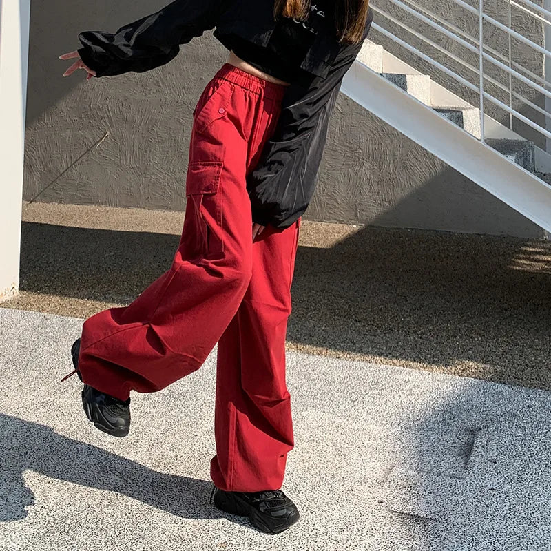 nvxiot Women cargo pants Autumn Winter New Elastic High Waist Wide Leg Casual Pants y2k Women American Loose Sports Parachute trousers