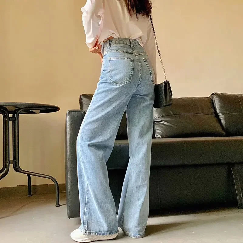 nvxiot - High Waist Solid Color Wide Leg Jeans Spring Autumn New Retro Style Women Street Style Classic Slim Pants Lady Straight Denim