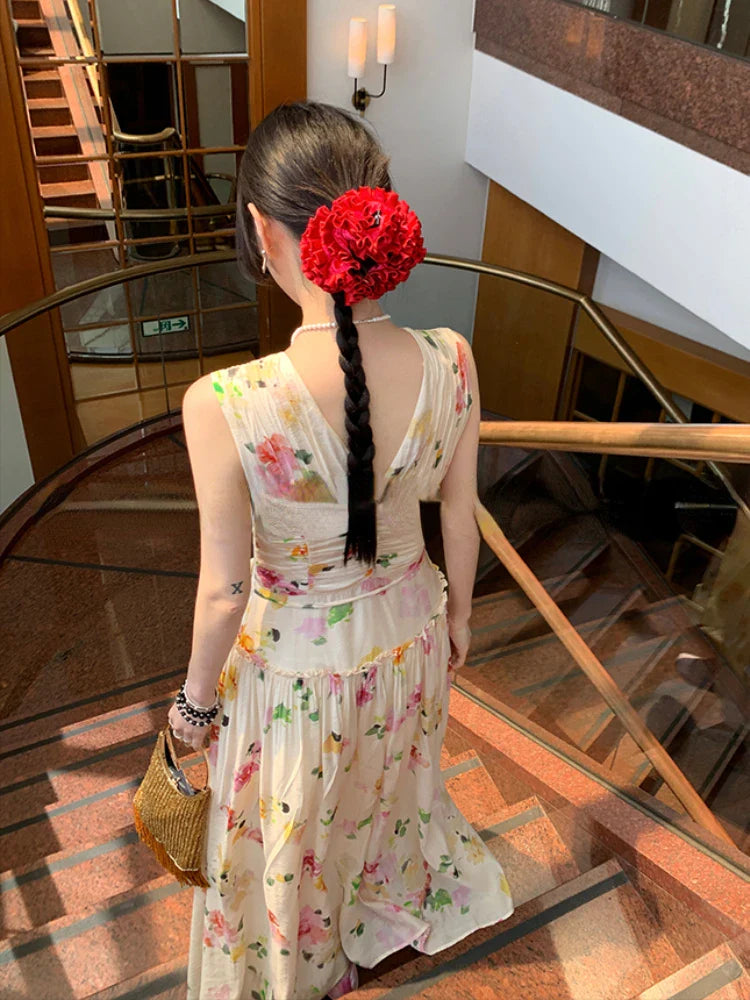 MQTIME - Summer Woman Holiday Dress Elegant Floral Midi Dress Beach Style Sexy Sleeveless Dresses Harajuku Outwear Korean Fashion Dress