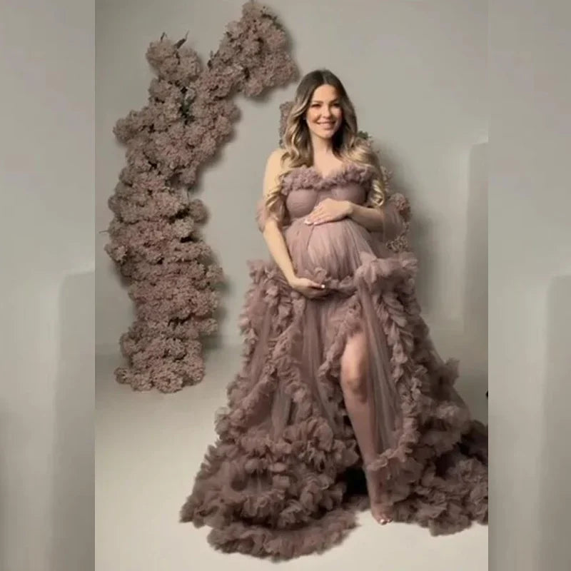 MQTIME - Maternity Dresses for Photoshoot Puffy Ruffles Tulle Pregnancy Gowns Baby Shower