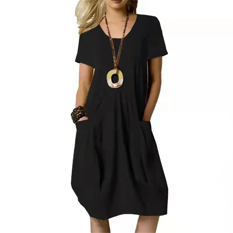 MQTIME - Summer New Cotton And Linen Solid Color Loose Round Neck Short-sleeved Dress Casual Style Long Dress