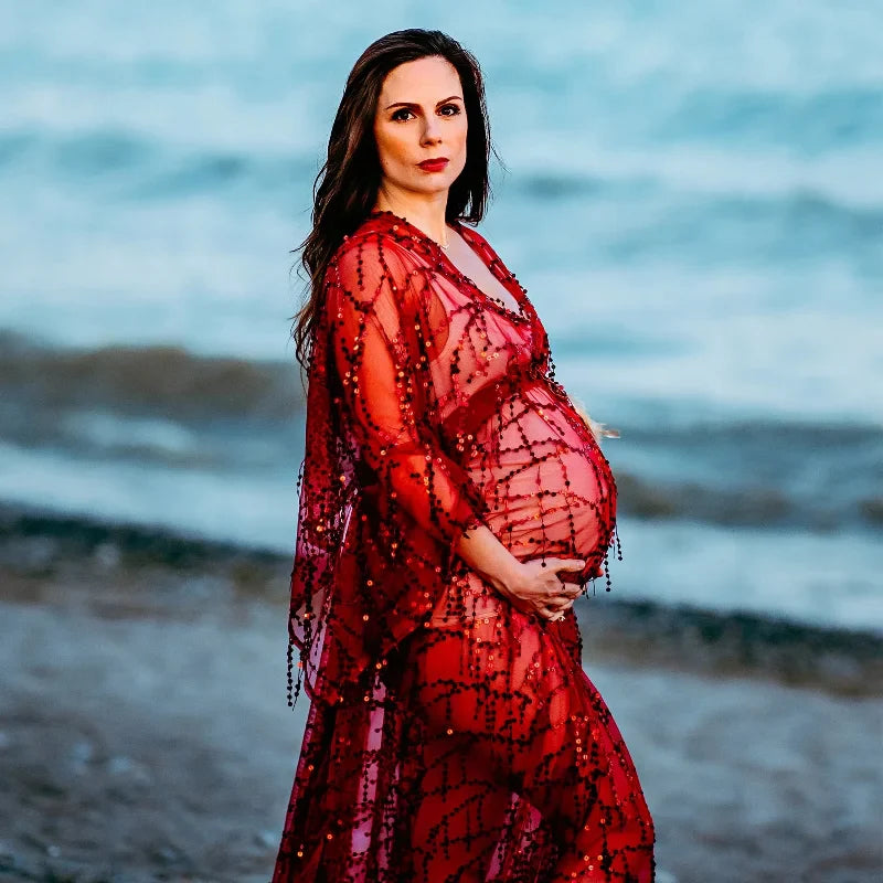 nvxiot - Sexy Sequin Maternity Photography Long Dress Lace Perspective Pregnancy Dress Photo Shoot Gown Baby Shower Dress