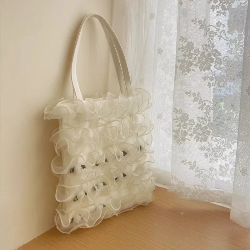 nvxiot - Fairy Core Lace Y2k Shoulder Bags Women Vintage Harajuku Folds Chic White Underarm Bag Ladies Retro Handbag Aesthetic