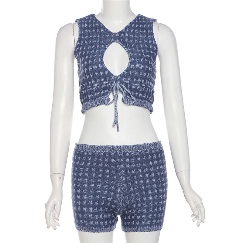 nvxiot - Women Casual Knit 2 Piece Set Hollow Out Lace Up Sleeveless Tanks Crop Top Elastic Waist Shorts Fashion Streetwear Tracksuits