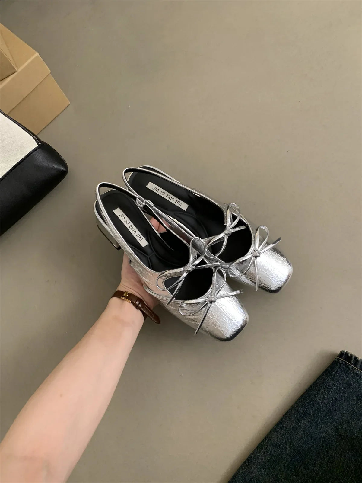 MQTIME - Silver Dress Low Heel Fashion Square Toe Shallow Ladies Elegant Ladies Casual Ballet Shoes Soft Ballerina Shoes Zapatos Mujer