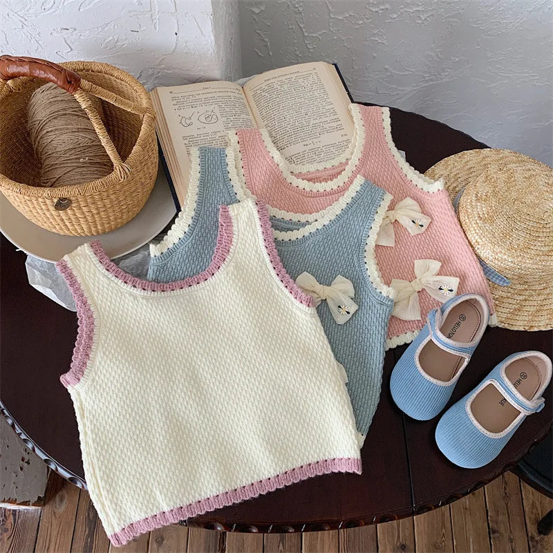 nvxiot - 2024 Spring Children Girl Vest Korean Knotbow Toddler Girl Sweater Tank Top Spliced Loose Knitted Sleeveless Baby Girl Pullovers