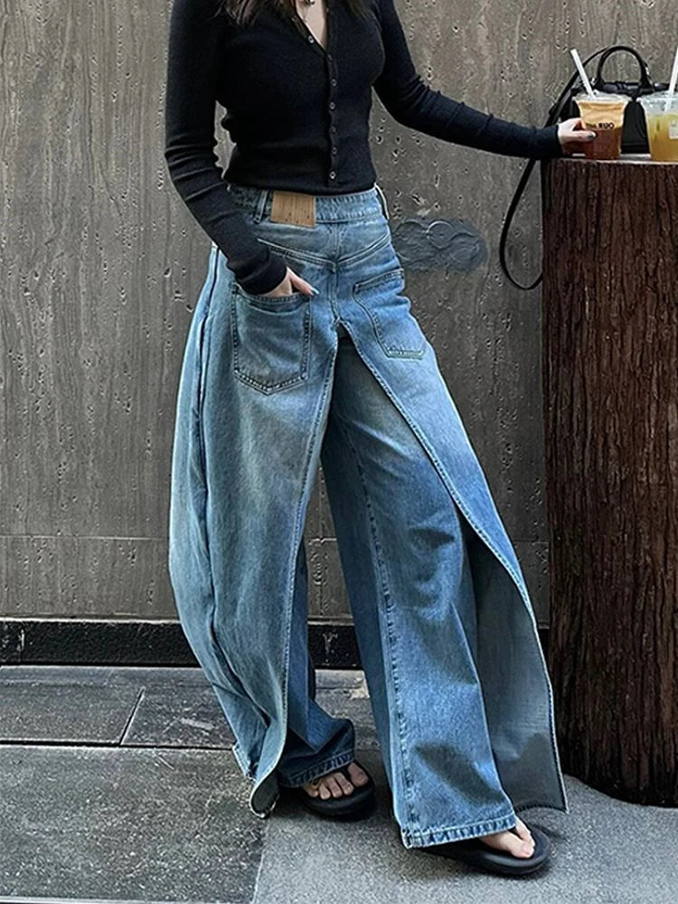 MQTIME - Women's Deconstructive Patchwork Design Jeans Wearing Both Front Back High Waisted Pants Female Loose Retro Denim Trousers