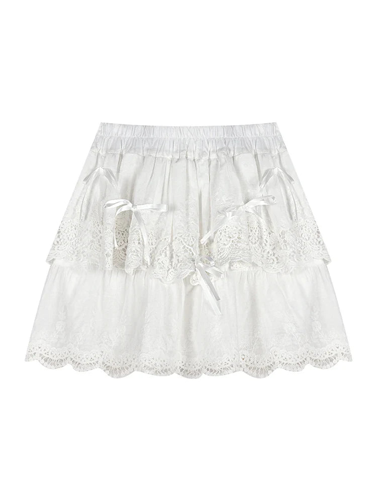 MQTIME - White Lace Mini Skirt Women Ballet Style Bow Kawaii High Waisted A-line Skirt Summer Fashion Cutecore Girl Clothing New