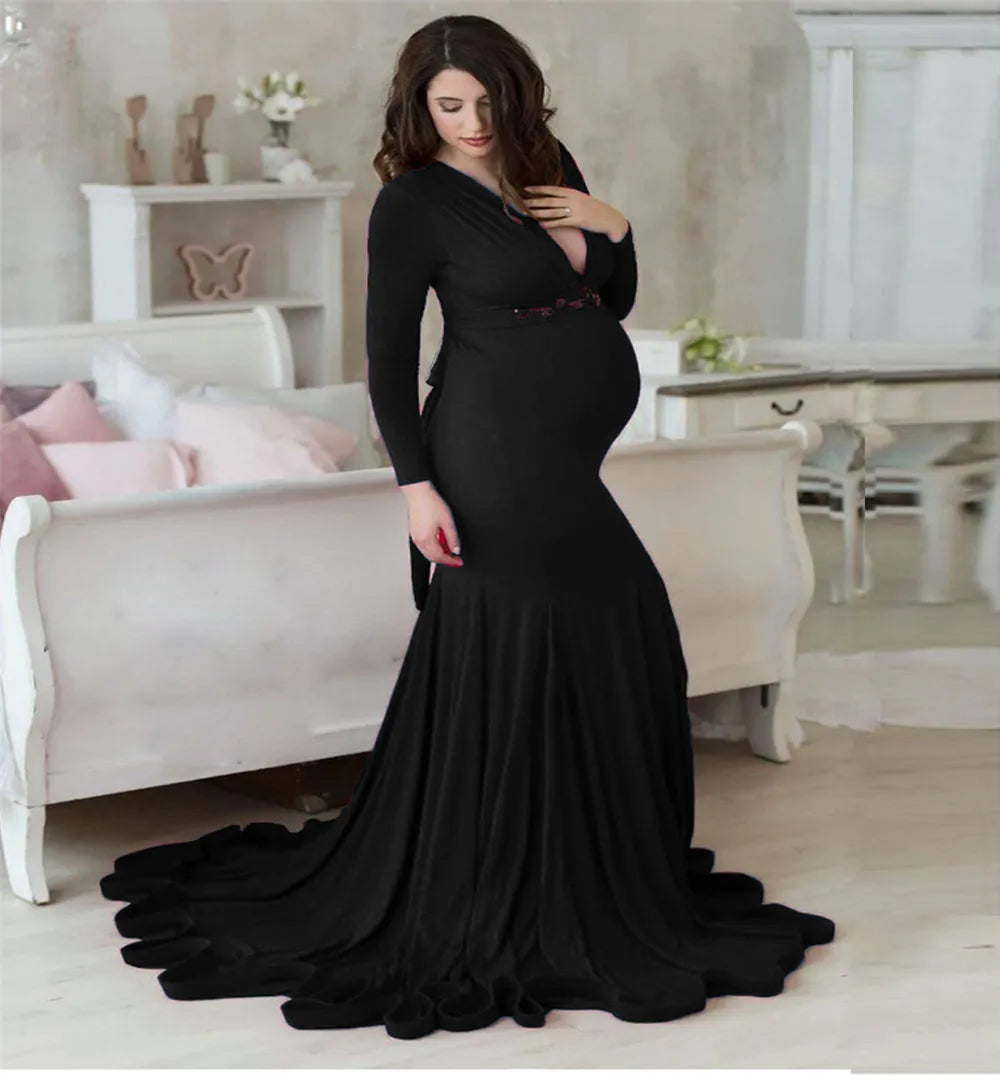 nvxiot - Sexy Maternity V-neck Dresses Photography Long clothing Pregnancy Shoot Maxi Gown For Baby Showers Pregnant Women Photo Props