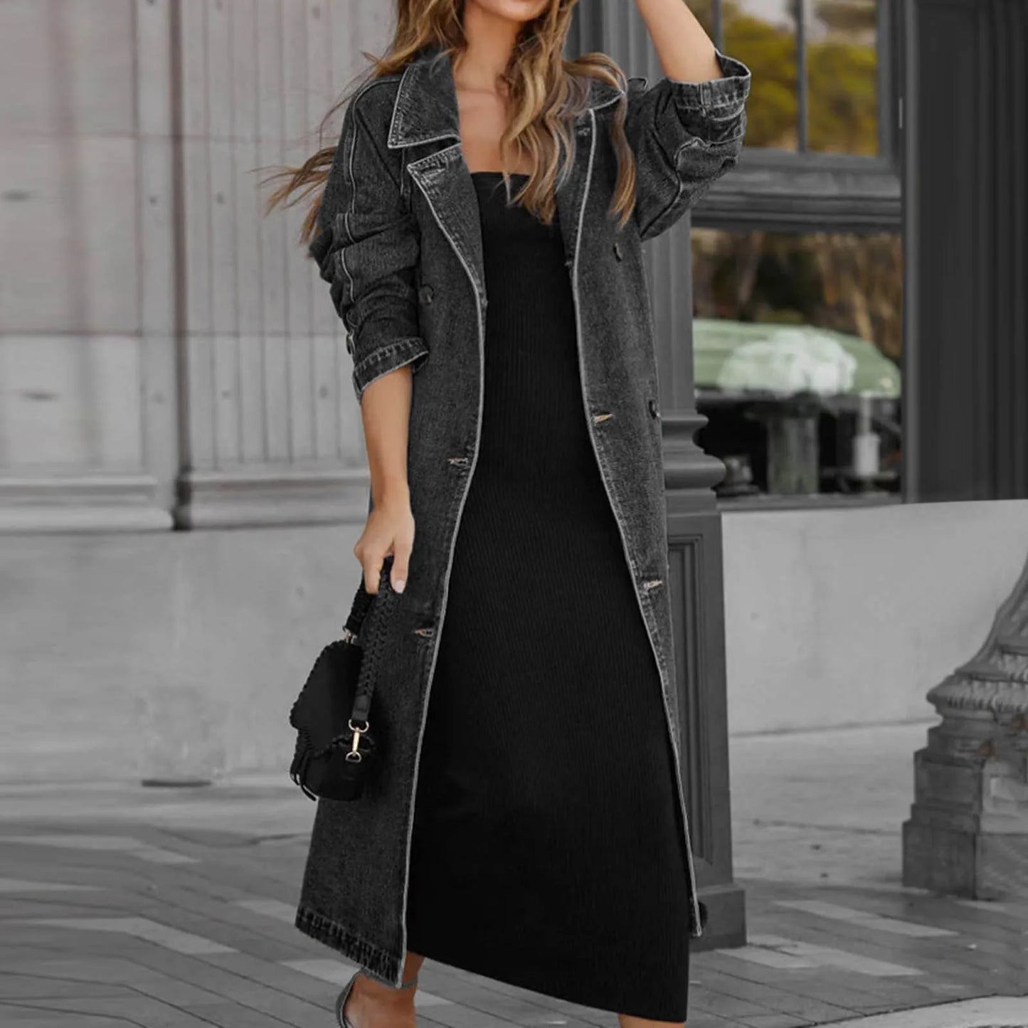 MQTIME - Women's Vintage Deep Blue Midi Long Jean Jacket Spring New Loose Fit Double Breasted Denim Jacket Trench Coat With Belts