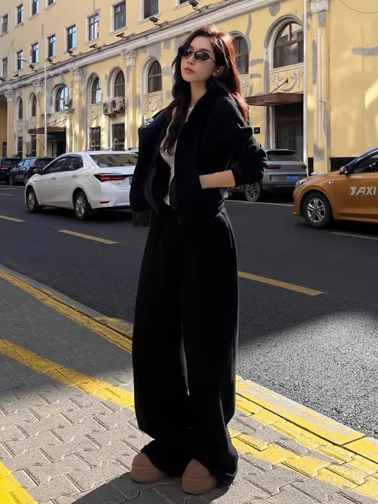 MQTIME - American Casual Sportswear Set, Women'S Autumn And Winter Gray Student Hoodie, Wide Leg Pants Two-Piece Set