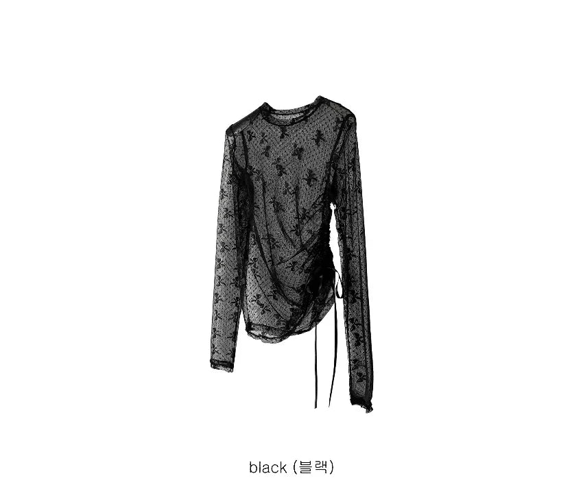 nvxiot - Spring Summer Y2k Tops Pleated Lace-up See-through Lace Base T-shirt Bow Printing Woman Korean Fashion Camisetas