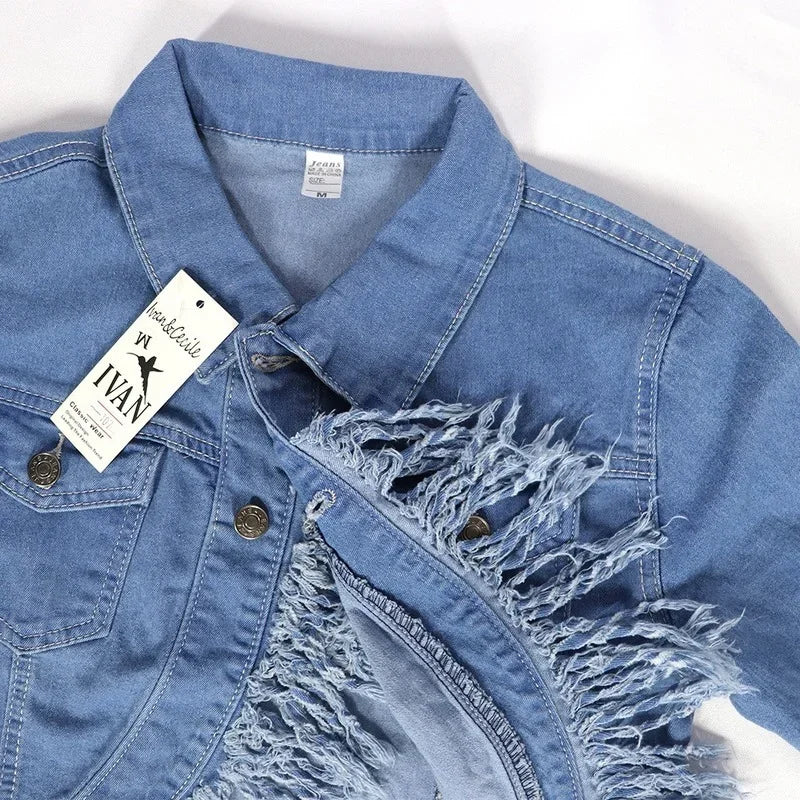 nvxiot - Jeans Tassel Two-piece Women's Clothing Denim Sportswear Long Sleeve Crop Top Mini Skirt Pants Suit High Quality Vestidos 2024