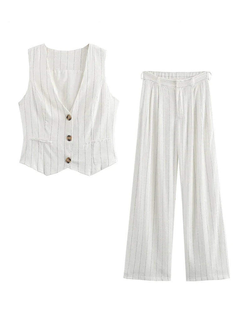 MQTIME - Elegant Striped Pants Set Women 2 Piece V-neck Sleeveless Single Breasted Top Wide Leg Trousers Sets 2024 Summer Nes Lady Outfit