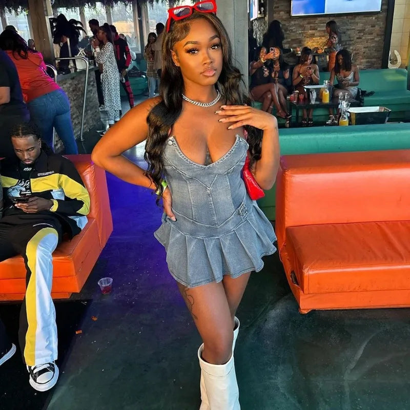 nvxiot - Women Summer Strapless Mini Pleated Denim Dress Sexy V-neck Sleeveless Zip-up Backless Slim Casual Streetwear Jeans Clubwear