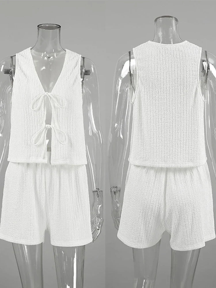 MQTIME - Casual Shorts Set For Women 2 Pieces Loose Lace Up V Neck Fashion Solid Sets 2024 Summer Sleeveless Elastic Waist Women's Suit