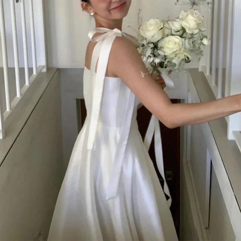 MQTIME - Spaghetti Straps Wedding Dress Square Collar Floor-length A-line Satin Vestidos De Novia Vintage Simple Sweet Evening Dresses