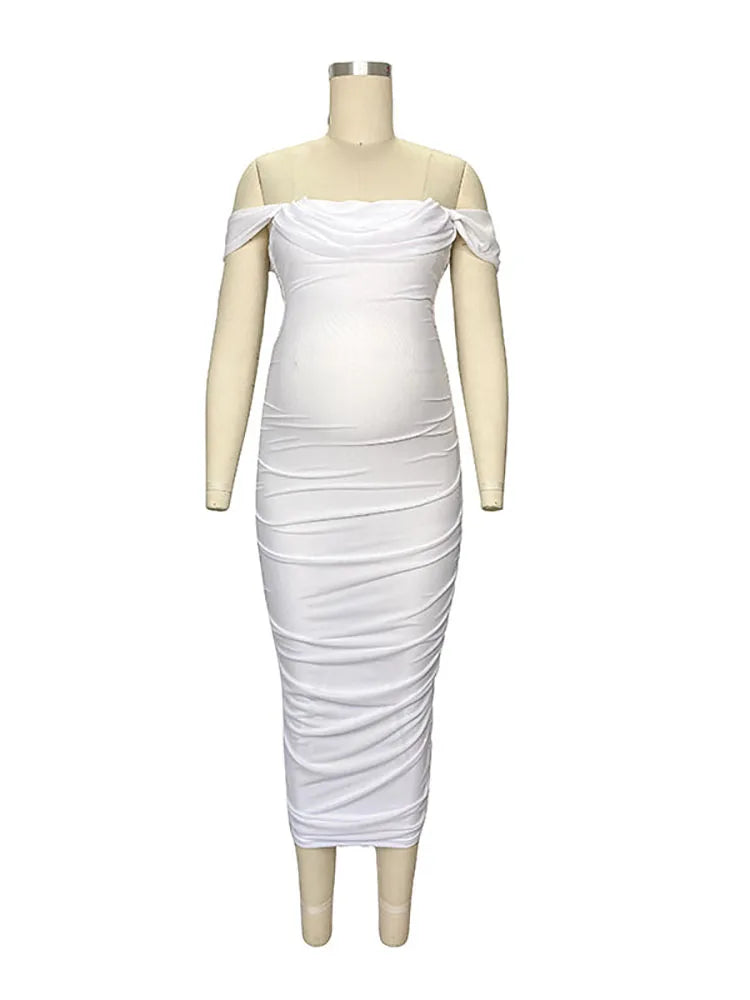 MQTIME - Khaki Ruched Off Shoulder Belly Friendly Baby Shower Pregnant Pregnancy Photoshoot Club Party Tube Bodycon Maternity Midi Dress