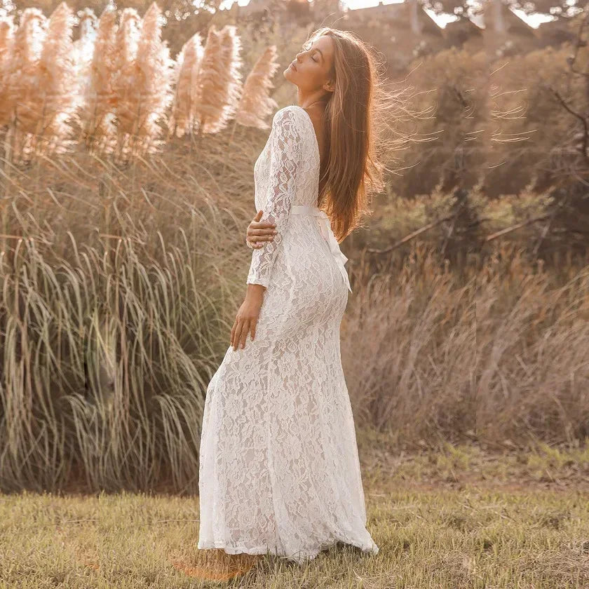 nvxiot - Sexy Backless Maternity Evening Dress For Baby Shower Party Lace Pregnancy Maxi Gown Photography Pregnant Women Photo Shoot Prop