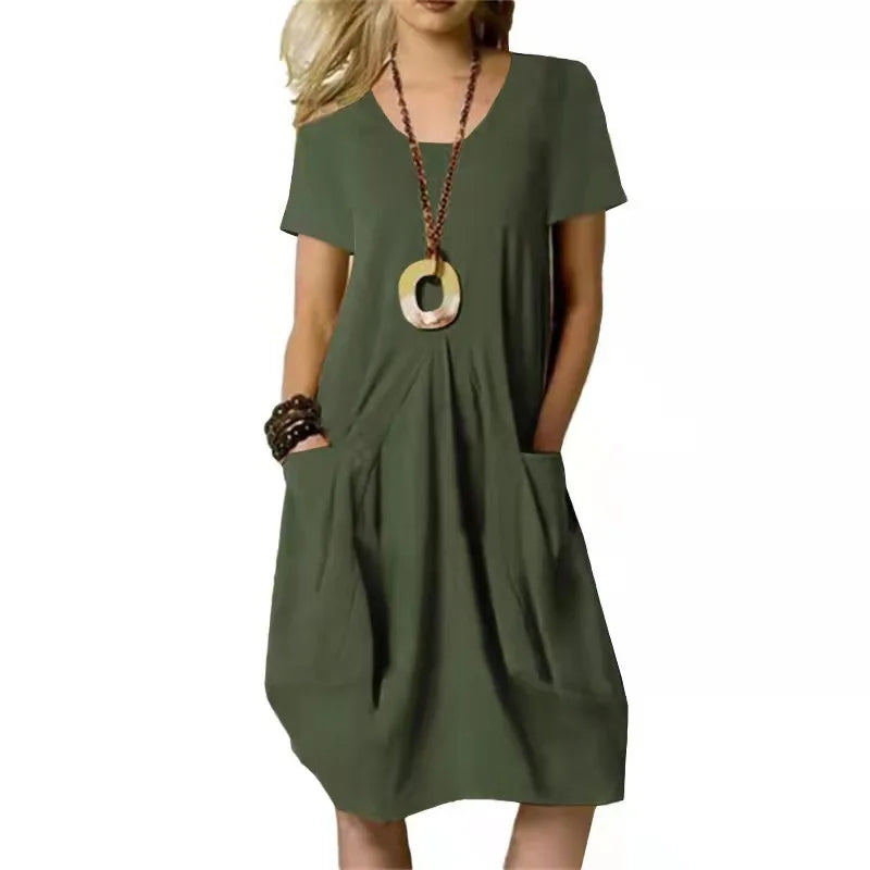 MQTIME - Summer New Cotton And Linen Solid Color Loose Round Neck Short-sleeved Dress Casual Style Long Dress