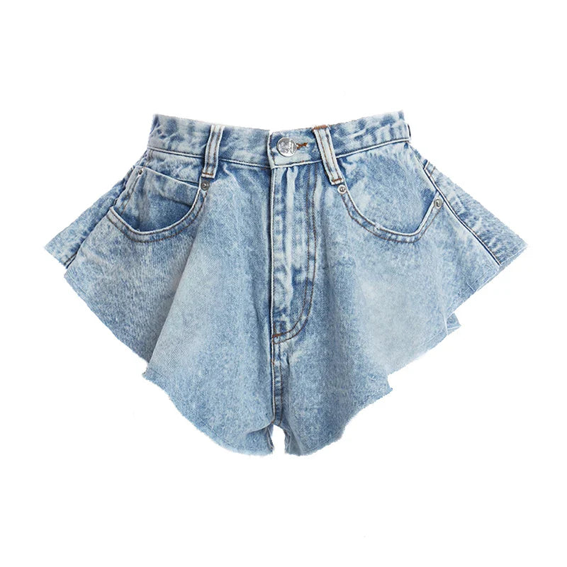 MQTIME - New Summer Fashion High Waist Ruffle Hem Denim Shorts Skirt Y2k Loose Ruched Short Light Blue Denim Washed Female Bottoms Zipper