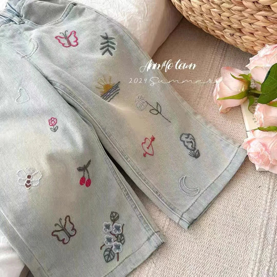 nvxiot - Summer Graffiti Babys Girl Jeans Korean Loose Embroidery Little Girl Denim Pants Elastic Waist Gradient Kids Girl Straight Pants