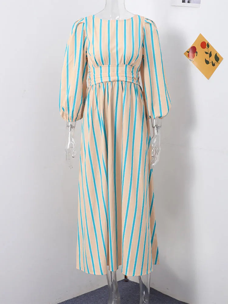 MQTIME - Casual Stripe Backless Long Dresses Women Elegant Loose Backless Lace Up Lantern Sleeve Female Dress Summer Holiday Lady Robe