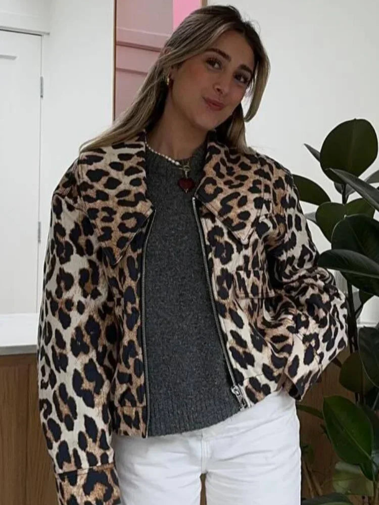 MQTIME - Women Casual Leopard Print Bomber Jacket Elegant Lapel Long Sleeves Zipper Pockets Loose Coat 2024 Autumn Lady High Streetwewar