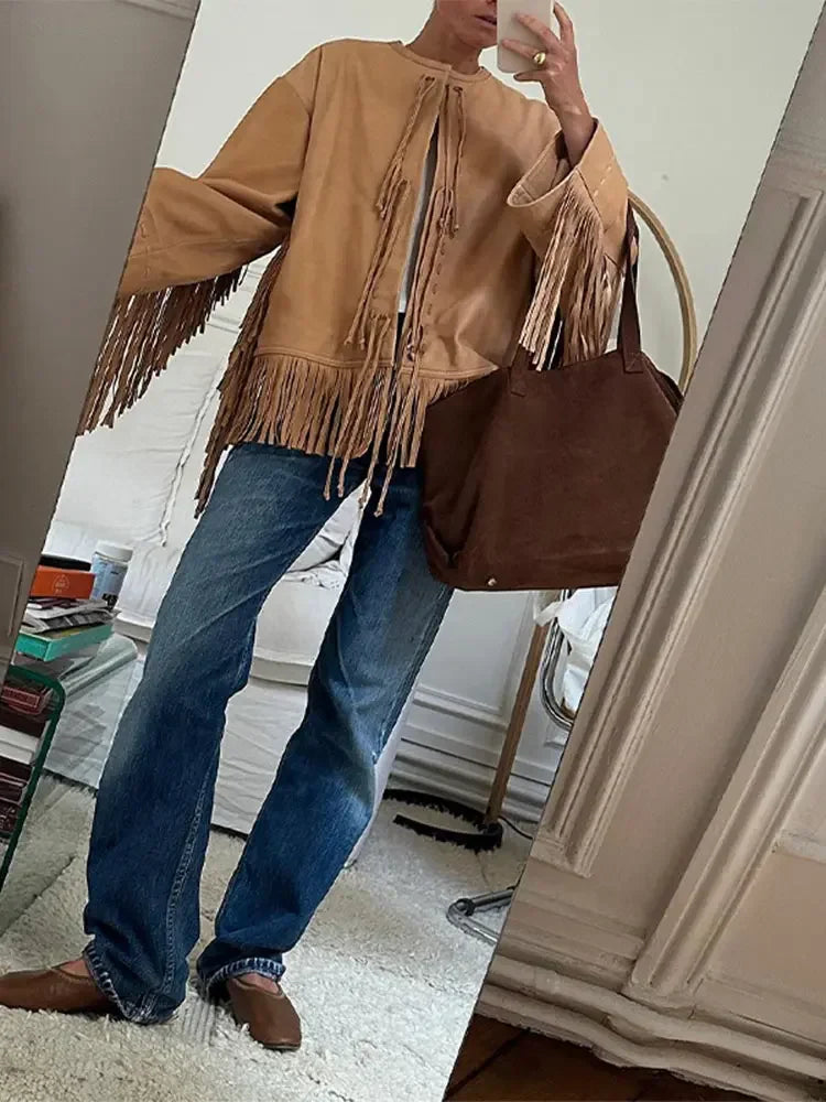 nvxiot - Fashion O Neck Tassels Patchwork Jackets For Women Solid Bow Lace Up Long Sleeves Outerwear 2024 Autumn New Lady Street Coats
