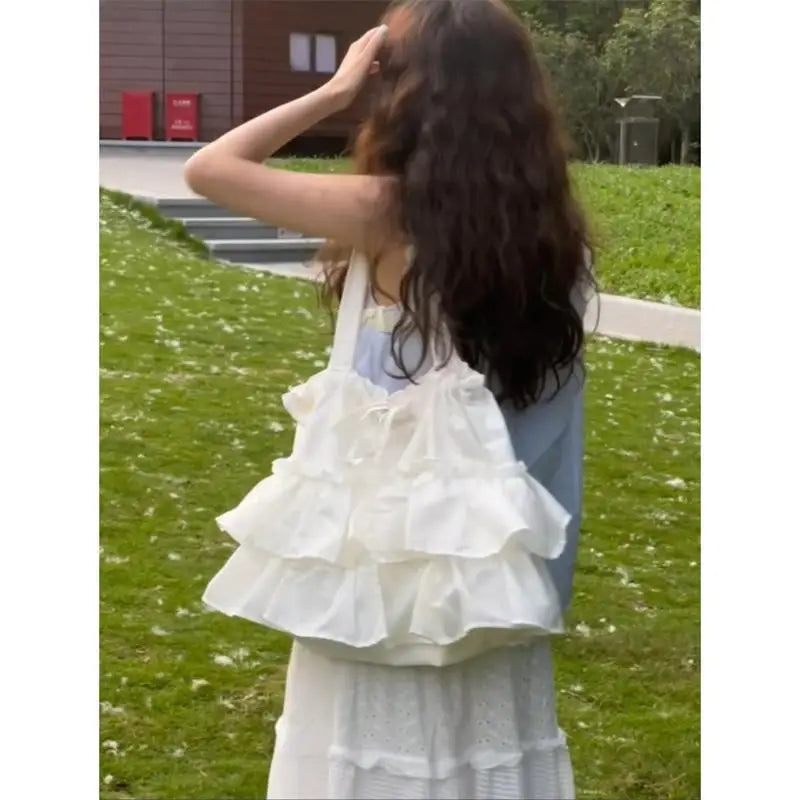 MQTIME - Ruffle White Y2k Handbag Women New Fairycore Drawstring Canvas Casual Shoulder Bag Ladies Harajuku Aesthetic Handbags