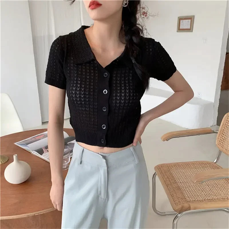 MQTIME - Women 2024 Lapel Hollow Out Short Sleeves Knitted All-Match Solid Fashion Casual Elastic Chic Basic Short Sweaters Streetwear