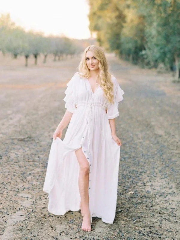 nvxiot - Boho Maternity Photography Props Dresses Button Decoration Pregnancy Photo Shoot Bohemian Baby Shower Long Dress Front Slit