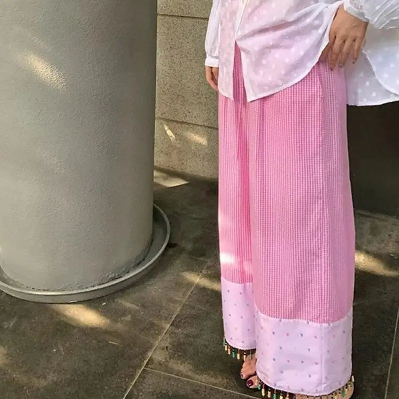 MQTIME - Summer New Fashion Contrast Color Plaid Splicing Heavy Industry Beaded Wide Leg Pants Women Trendy HIgh Waist Loose Casual Pants