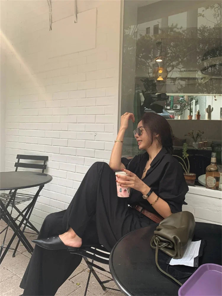 nvxiot - Korean Style Women Pleated Draped Trousers Chic High Waisted Loose Wide Leg Pants Office Ladies Solid Color Long Casual Pants