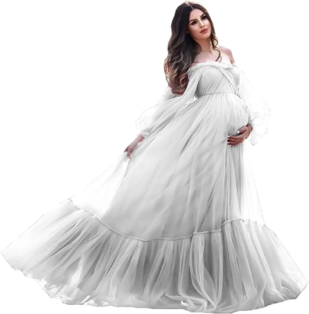 nvxiot - Puffy Sleeve Maternity Dress Tulle Robe With Underskirt for Photoshoot Off Shoulder Pregnancy Baby Shower Gown