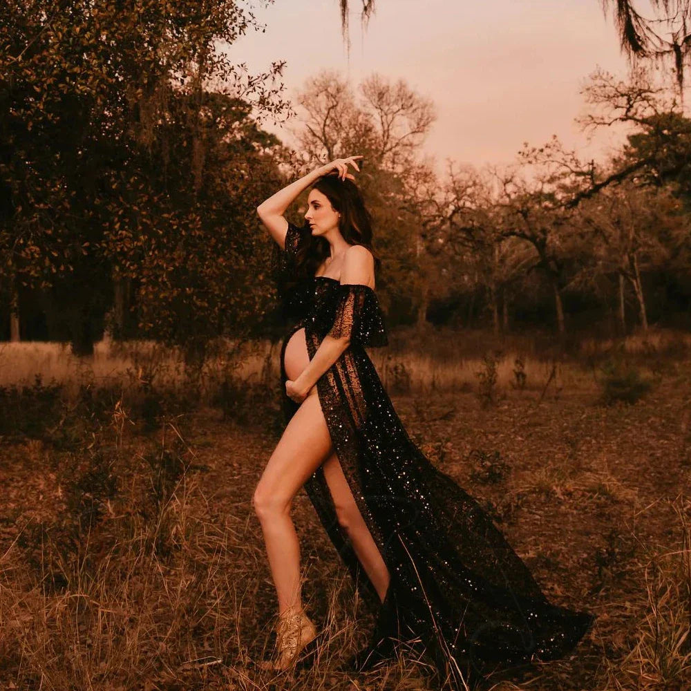 nvxiot - Pregnant Women Photography Dress Transparent Mesh Studded Pearl Sequin Two-Piece Set Maternity Photography Props Dress