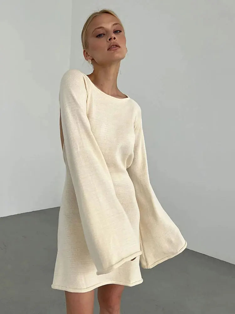 nvxiot Elegant Solid Backless Lace Up Knit Mini Dress Women U-neck Flare Long Sleeve A-line Dresses 2024 Summer Lady Beach Chic Robe