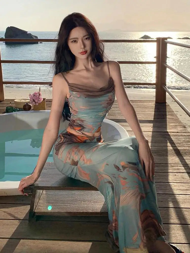 nvxiot - Summer Holiday Blue Print Two-piece Set Women Backless Spaghetti Strap Short Tops + High Waist Pleated Long Skirts Suit Bohemian