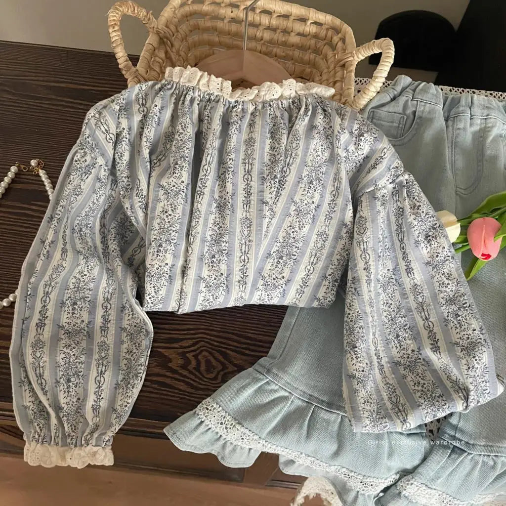 MQTIME - 2024 Spring Children Girl 2PCS Clothes Set Lace Collar Floral Printed Shirt Solid Vintage Hem Denim Flared Pant Baby Girl Outfit