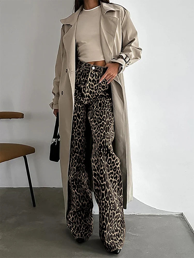 MQTIME - Summer Winter 2024 Women Leopard Trousers Streetwear High Waist Straight Pants For Women