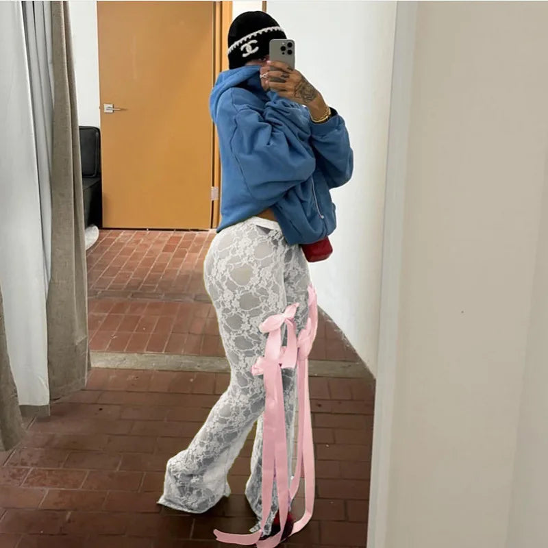 nvxiot - Bow Splice Sheer Lace Flare Pants Women Sexy See Through High Waist Slim Boot Cut Trousers Hot Girls Clubwear Party Bottoms