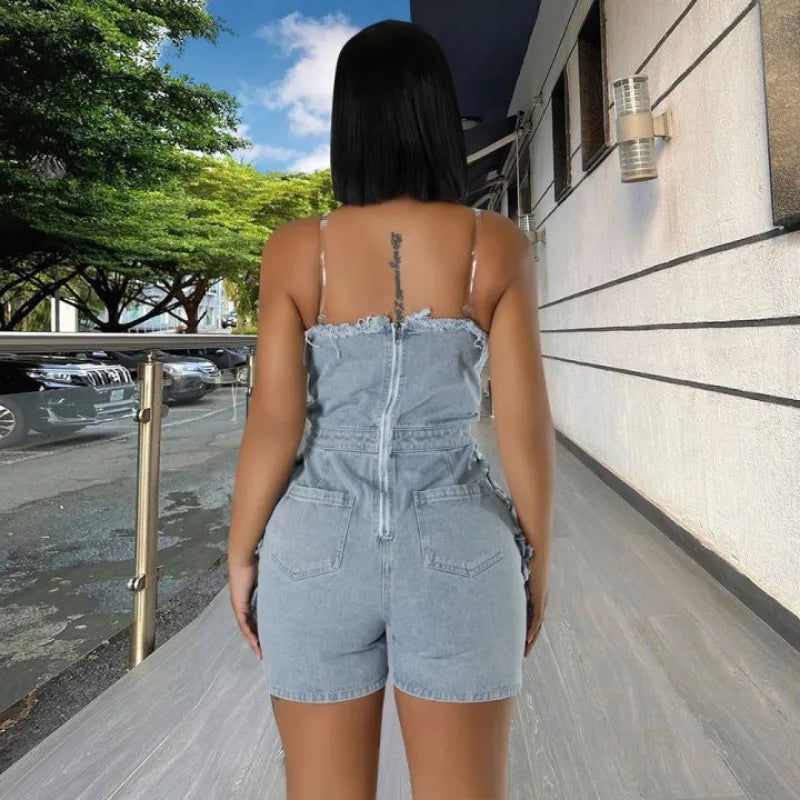 nvxiot - Women Fashion Hole Tassel Denim Playsuits Rompers V-neck Strapless Zipper Backless Pockets Casual Streetwear Jeans Overalls