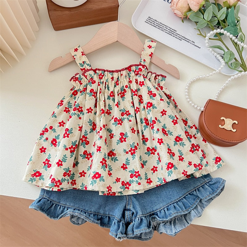 nvxiot Summer Baby Girl Clothes Sets Floral Sleeveless Sling Top + Denim Shorts Kids Clothes Girl Fashion Pastoral Style Shorts Outfits