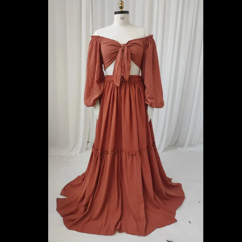 nvxiot - Maternity Dresses For Baby Showers Two Piece Set Long Sleeved Of Linen Cotton Boho Style Dress Photo Shooting Pregnancy Dress