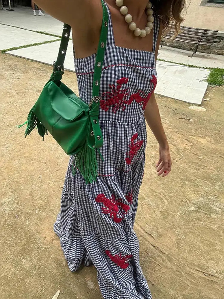 nvxiot Hanging Strap Printed Large Hem Long Dress Lady Casual Off Shoulder Sleeveless Plaid Robe Women Vacation Beach Vestidos