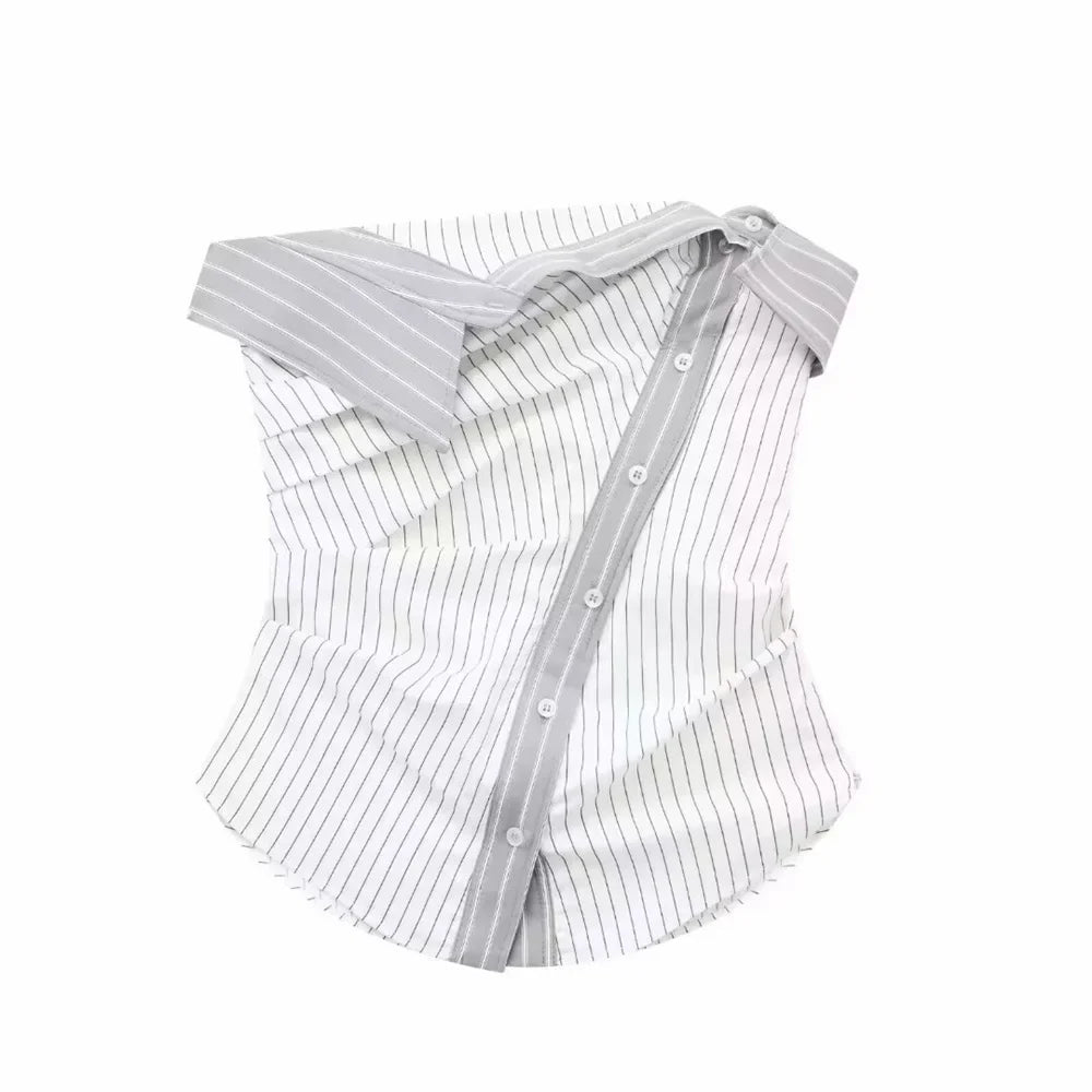 MQTIME - Summer 2024 European and American Style Women's New Style Fashionable and Versatile Slim Asymmetric Button Striped Tube Top